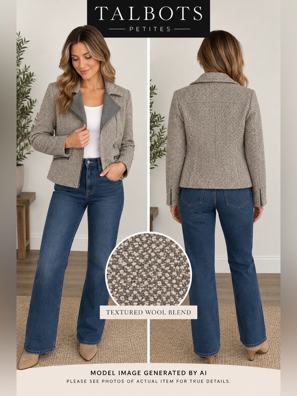 Talbots Petites 10P Wool Blend Moto Jacket Textured Tweed Biker Quiet Luxury